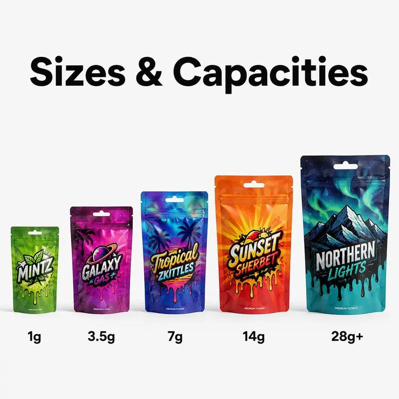 Custom Mylar bag sizes and capacities from 1g, 3.5g, 7g, 14g to 28g plus for flexible packaging projects.
