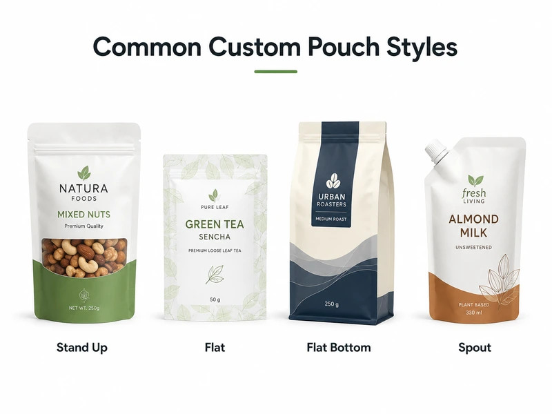 Comparison of stand-up pouch, flat pouch, flat-bottom pouch and spout pouch styles
