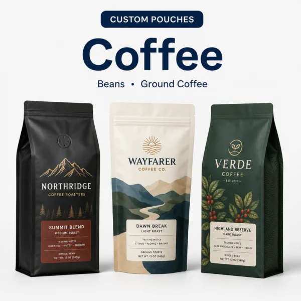 Custom coffee pouches for whole bean and ground coffee in flat bottom and stand up bag styles