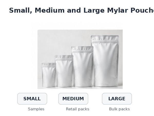 Small, medium and large Mylar pouch capacity comparison for retail and bulk packaging applications