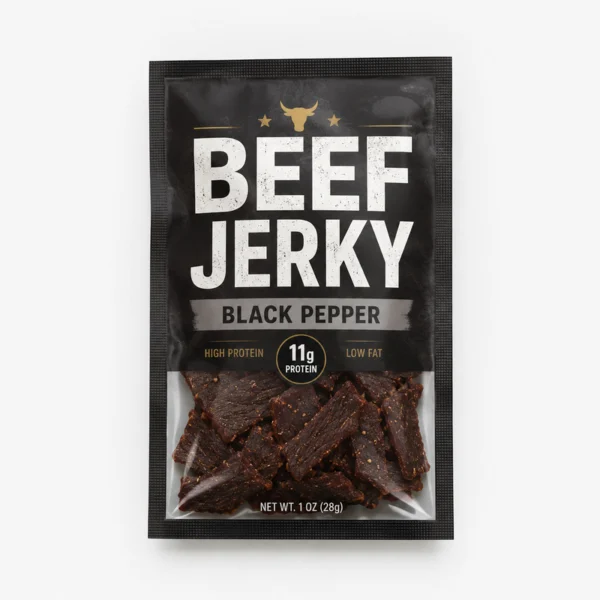 Custom three side seal beef jerky bag for trial packs and single-serve portions