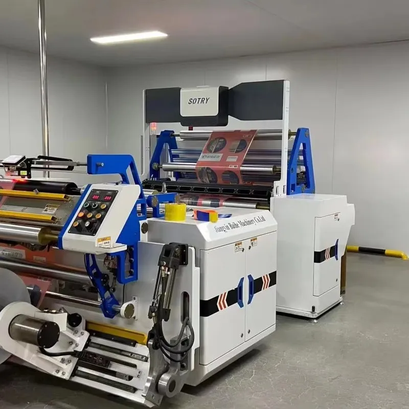 Automatic film slitting machine for flexible packaging production, ensuring precise roll width and stable material processing.