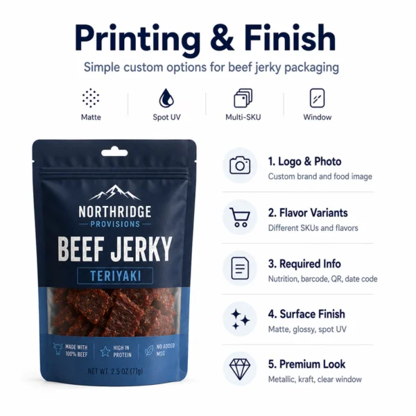 Custom beef jerky bag printing with logo food photo multi-SKU matte spot UV and window options