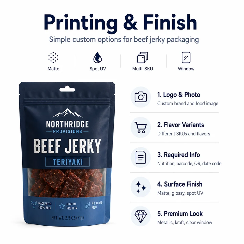 Custom beef jerky bag printing with logo food photo multi-SKU matte spot UV and window options