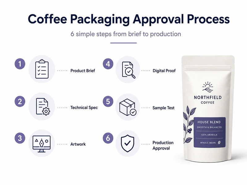 Coffee packaging design approval process covering product brief, dieline, digital proof and physical sample review