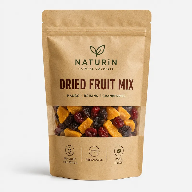 Custom dried fruit packaging pouch with kraft-style finish, clear window and moisture-protection design for fruit snack products.