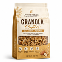 Custom side gusset granola pouch with clear product window for oats, honey and almond clusters.