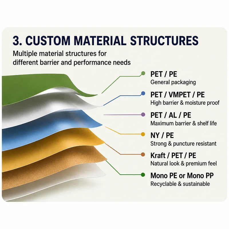 Custom food pouch material structures including PET PE, PET VMPET PE, PET AL PE, NY PE, kraft laminate and mono material options.