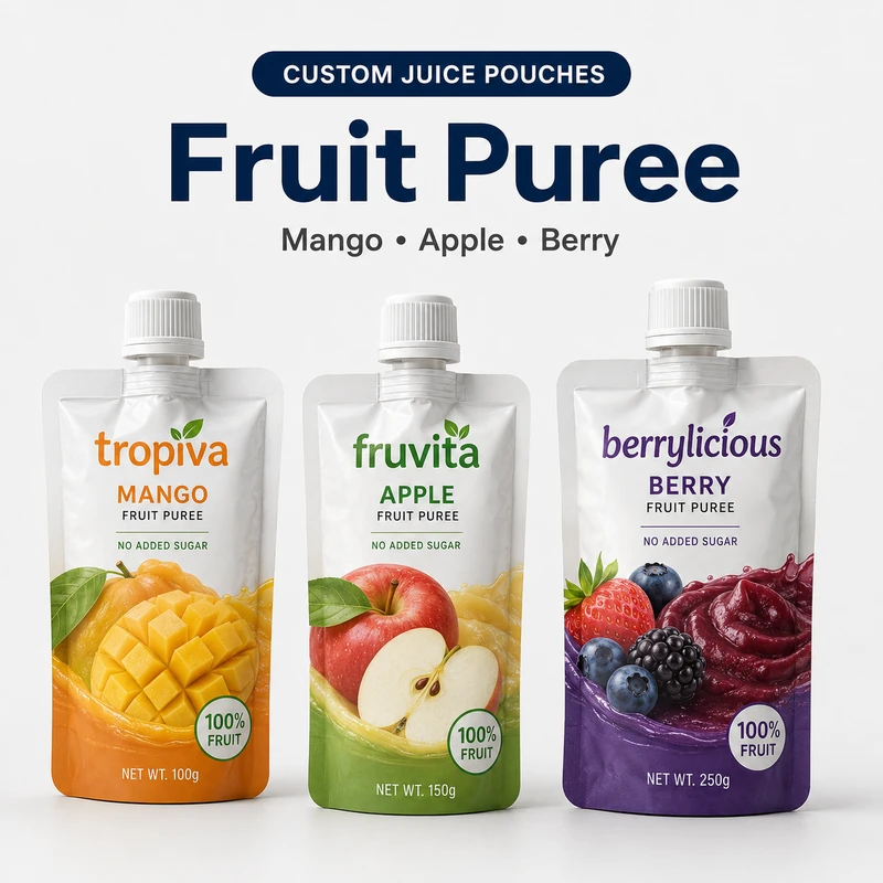 Custom fruit puree spout pouches for mango, apple and berry puree