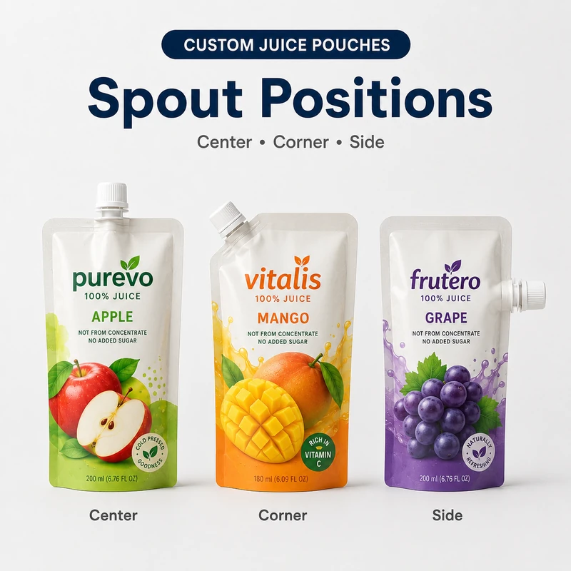 Custom juice pouches with center, corner and side spout positions