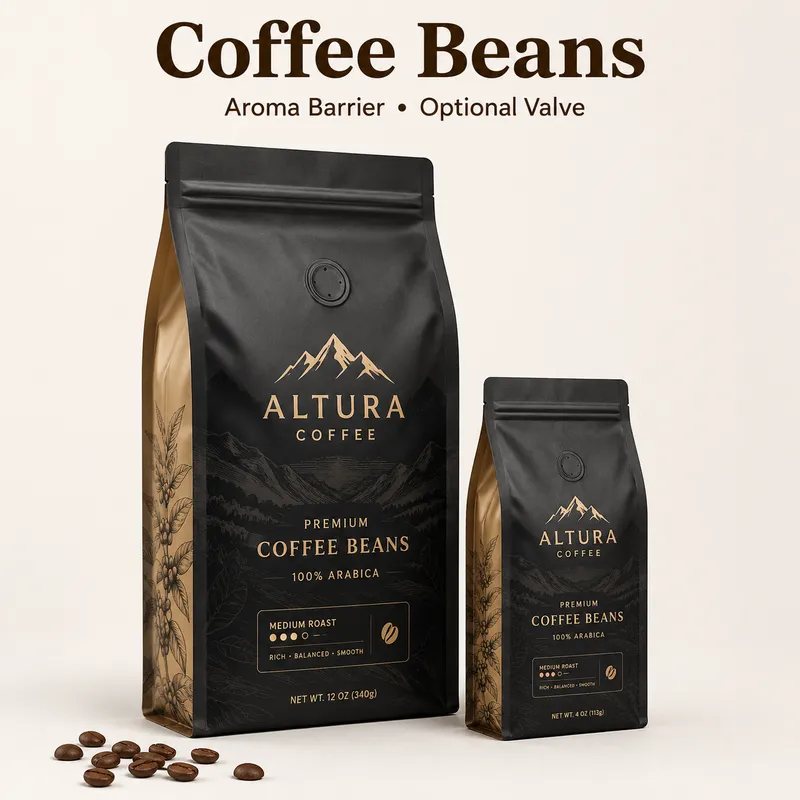 Custom Mylar coffee bean bags with high-barrier structure and optional one-way valve for aroma protection.