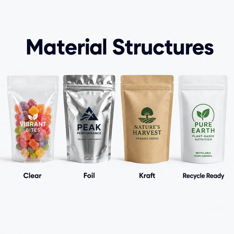 Custom Mylar bag material structures including clear, foil, kraft and recycle ready packaging options.