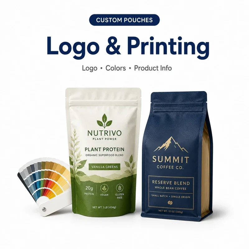 Custom printed plant protein and coffee pouches with fictional logos and color swatches