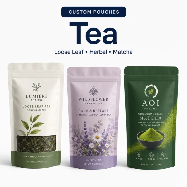 Custom tea pouches for loose leaf tea, herbal tea and matcha powder packaging