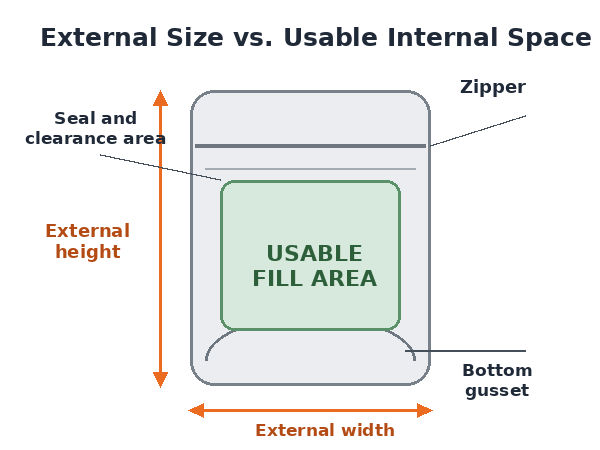Mylar bag diagram showing external dimensions, usable filling area, zipper, sealing area and bottom gusset