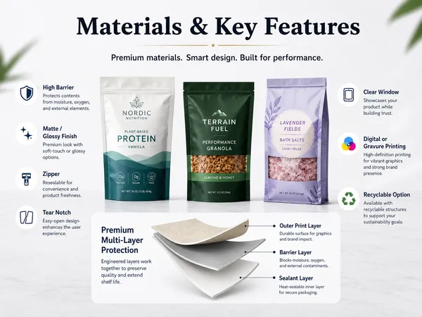 Custom Mylar bag materials and features including barrier film, zipper, tear notch, clear window and recyclable packaging options