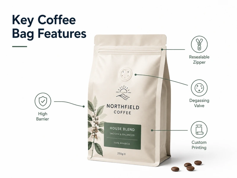 Custom coffee bag features showing high-barrier material, resealable zipper, one-way degassing valve and custom printing