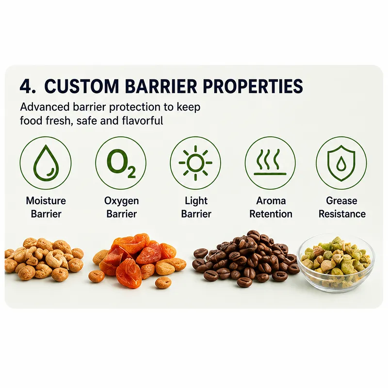 Custom food pouch barrier properties including moisture barrier, oxygen barrier, light barrier, aroma retention and grease resistance.