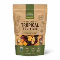 Custom kraft paper food pouch with transparent window and zipper for tropical dried fruit mix.
