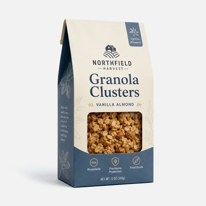 Custom granola and cereal packaging bag with premium box-style structure, product window and food-grade barrier performance.
