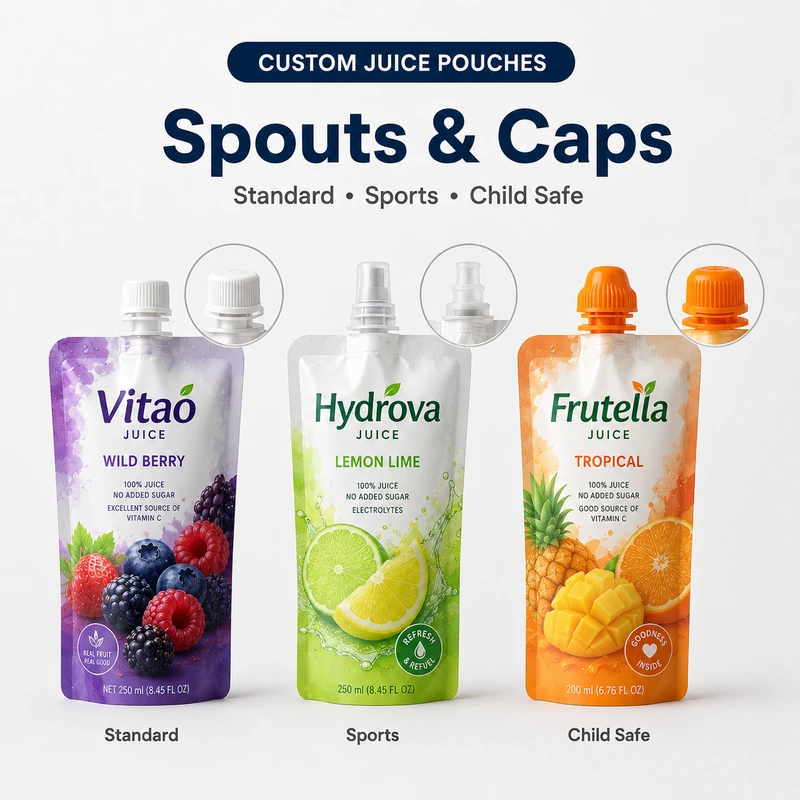 Custom juice pouches with standard, sports and child-resistant spouts and caps