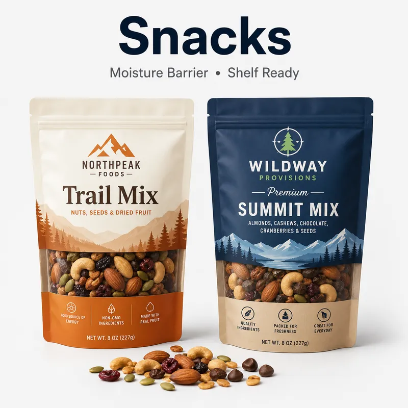 Custom Mylar snack bags for trail mix and mixed snacks with moisture barrier and shelf-ready stand up pouch design.