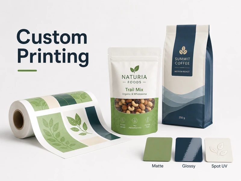 Custom pouch printing options showing printed roll film, matte, glossy and spot UV finishes