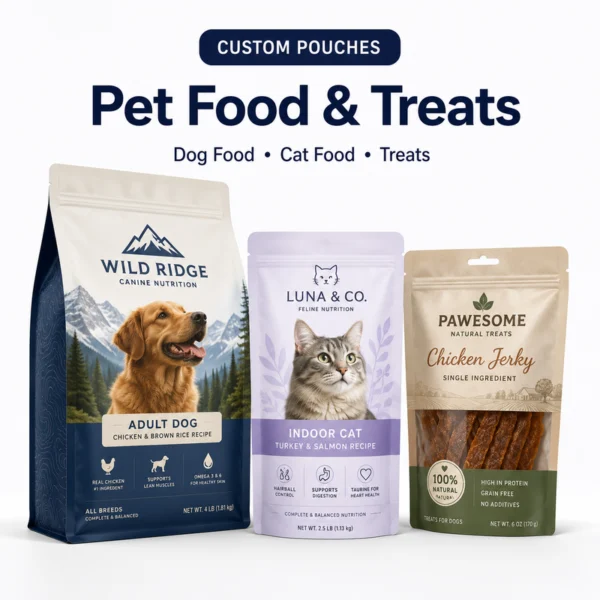 Custom pet food and treat pouches for dog food, cat food and jerky treats