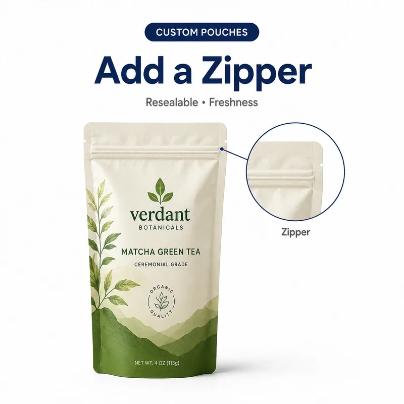 Custom matcha stand-up pouch with enlarged resealable zipper detail