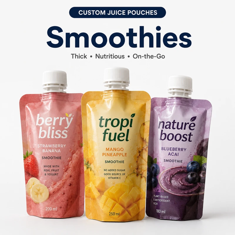 Custom smoothie pouches for strawberry banana, mango pineapple and blueberry acai blends