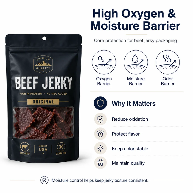 High oxygen moisture and odor barrier beef jerky pouch for freshness and product quality