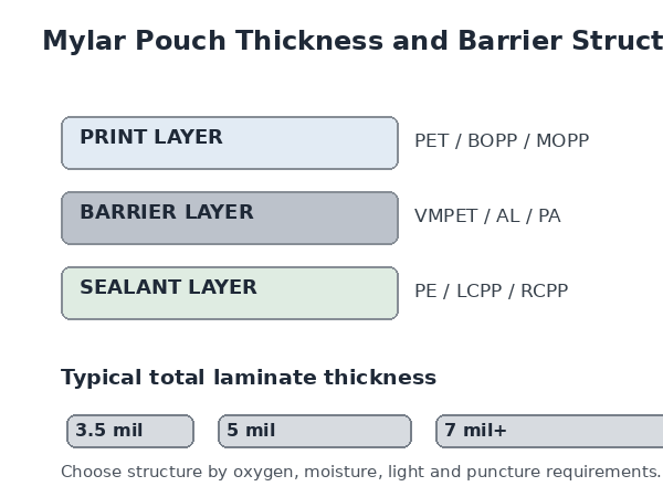 Mylar pouch laminate thickness and multilayer barrier structure guide showing print, barrier and sealant layers