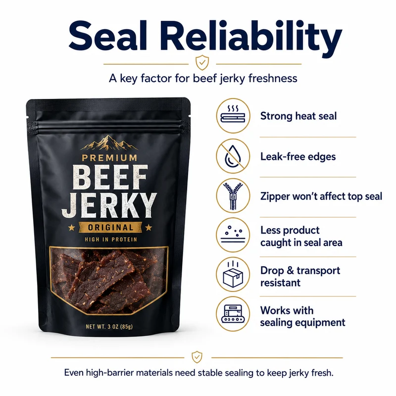 Beef jerky packaging seal reliability with strong heat seal leak-free edges and equipment compatibility