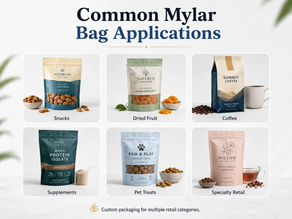 Common custom Mylar bag applications for snacks, dried fruit, coffee, supplements, pet treats and specialty retail products