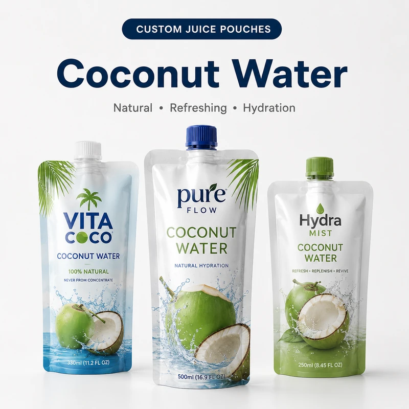 Custom coconut water spout pouches in 250ml, 330ml and 500ml capacities