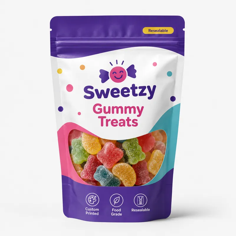 Custom candy packaging pouch with colorful printed design, clear window and resealable structure for confectionery brands.