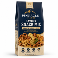 Custom quad seal food pouch for savory snack mix containing pretzels, crisps and nuts.