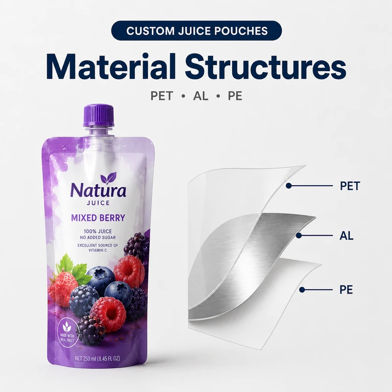 Custom juice pouch with PET aluminum and PE laminated material structure