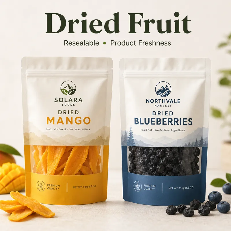 Custom Mylar dried fruit bags for mango and blueberries with resealable stand up pouch design and clear product window.