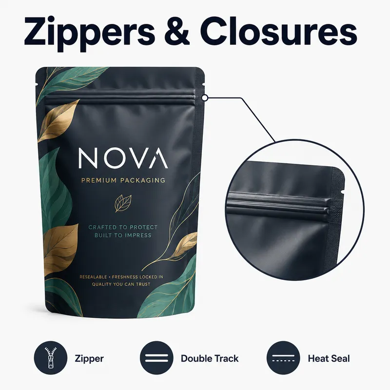 Custom Mylar bag zipper and closure options including zipper, double track zipper and heat seal top.