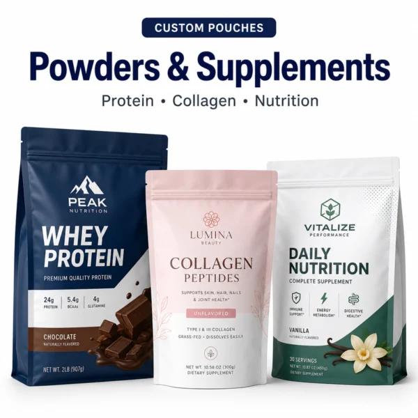 Custom pouches for protein powder, collagen peptides and daily nutrition supplements