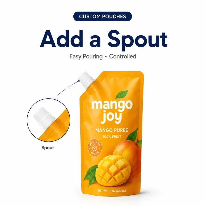 Custom mango puree spout pouch with enlarged cap and spout detail
