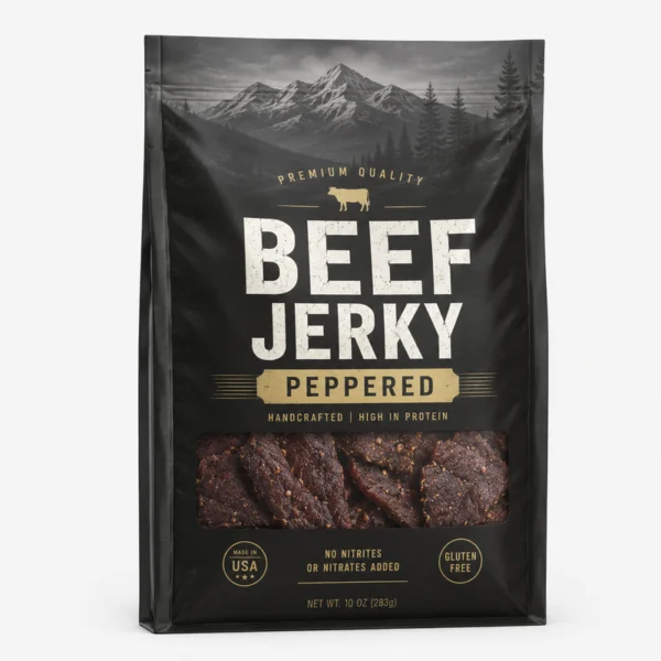 Custom quad seal beef jerky bag with reinforced seals for large-format packaging