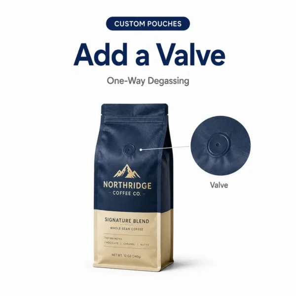 Custom flat-bottom coffee pouch with enlarged one-way degassing valve detail