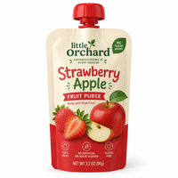 Custom food-grade spout pouch with red cap for strawberry apple fruit puree packaging.