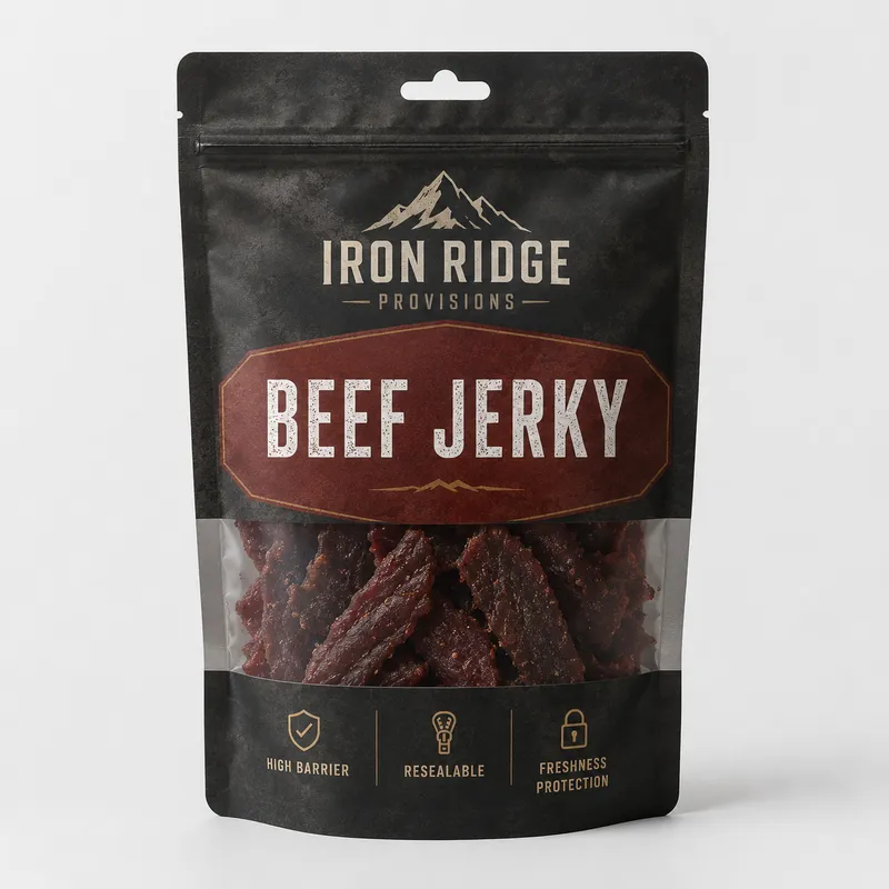 Custom jerky packaging pouch with high-barrier material, resealable zipper and hanging display option for meat snacks.