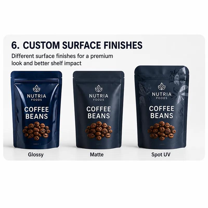 Custom food pouch surface finishes showing glossy, matte and spot UV effects for premium flexible food packaging.