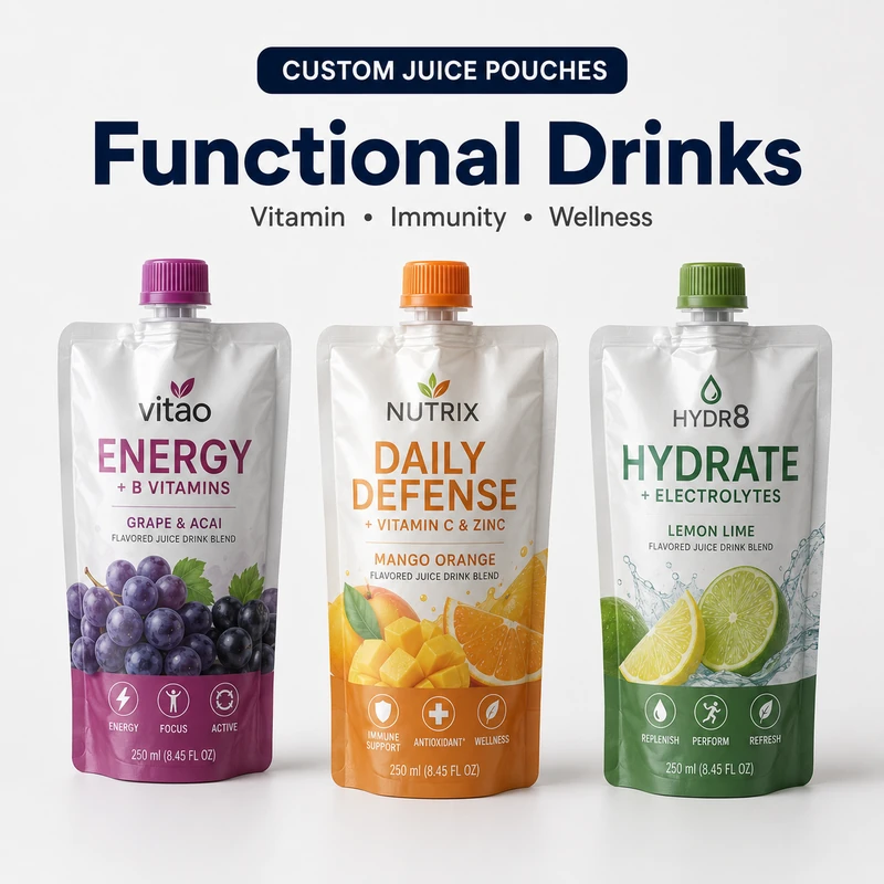 Custom functional drink pouches for energy, immunity and hydration beverages