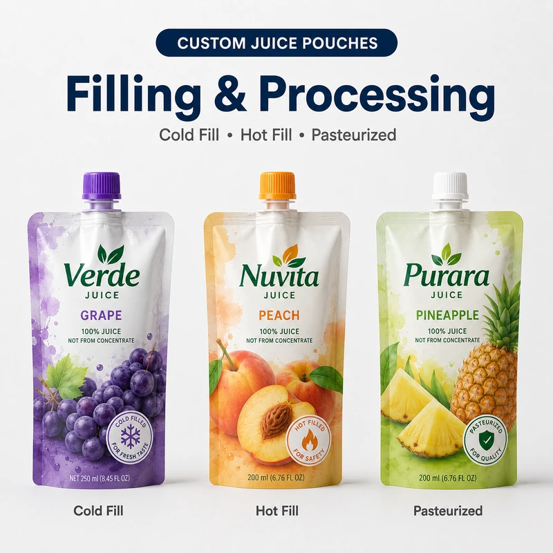Custom juice pouches for cold fill, hot fill and pasteurized processing