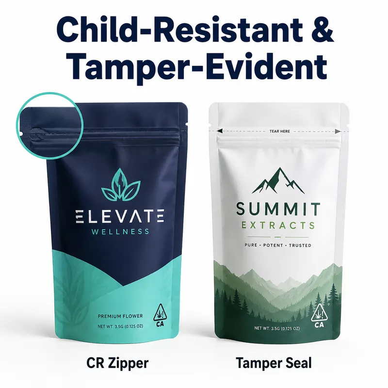Child-resistant and tamper-evident custom Mylar bags with CR zipper and tamper seal for regulated packaging.